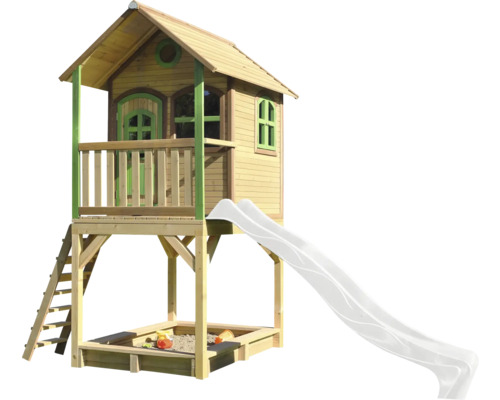Spielhaus mit Stelzen axi Sarah 370 x 191 cm Holz braun/grün inkl. Rutsche weiß Spielhaus aus Holz mit Rutsche und Sandkasten