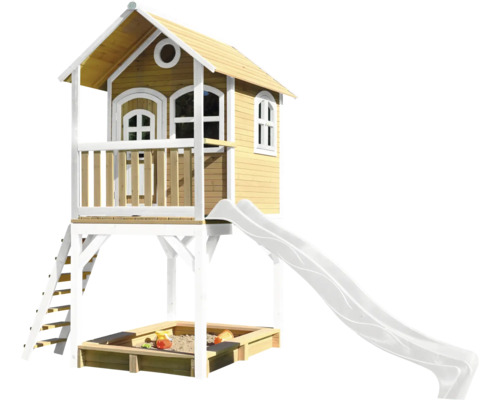 Spielhaus mit Stelzen axi Sarah 370 x 191 cm Holz braun/weiß inkl. Rutsche weiß Spielhaus mit Rutsche und Sandkasten für den Garten