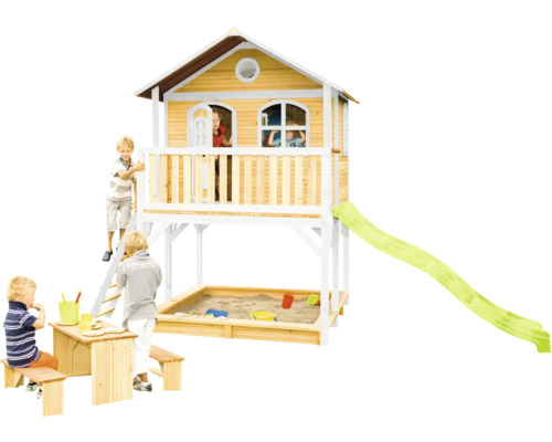 Spielhaus aus Holz mit Rutsche, Sandkasten und Picknicktisch für Kinder