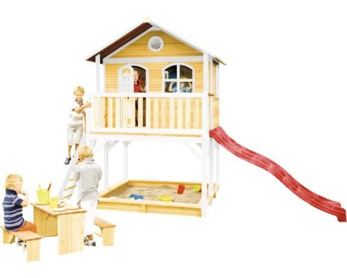 Spielhaus mit Sandkasten, Rutsche und Picknicktisch für Kinder