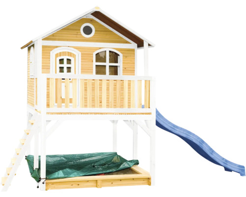 Spielhaus aus Holz mit Rutsche und Sandkasten