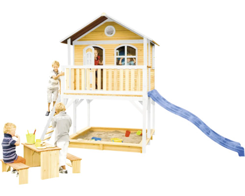 Kinderspielhaus mit Rutsche, Sandkasten und Picknicktisch