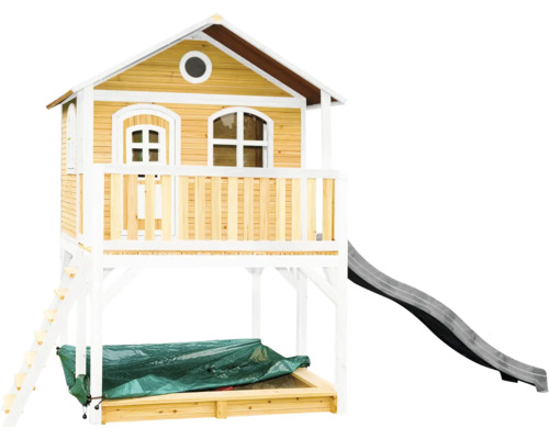 Spielhaus mit Rutsche und Sandkasten aus Holz