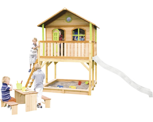 Spielhaus aus Holz mit Rutsche, Sandkasten und Picknicktisch für den Garten