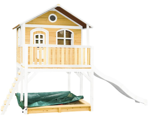 Spielhaus aus Holz mit Rutsche und Sandkasten