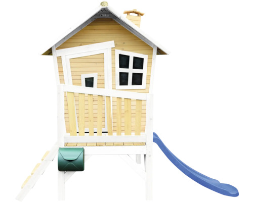 Spielhaus aus Holz mit Rutsche und Briefkasten