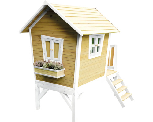 Spielhaus aus Holz mit Treppe und Fenster