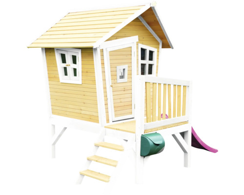 Kinderspielhaus aus Holz mit Rutsche, Briefkasten, Treppe und Veranda