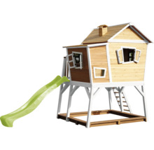Spielhaus aus Holz mit Rutsche und Sandkasten