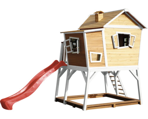 Spielhaus aus Holz mit Rutsche und Sandkasten