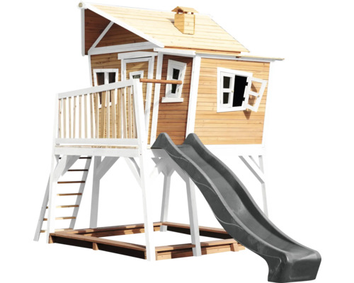 Holzspielhaus mit Rutsche, Leiter und Sandkasten