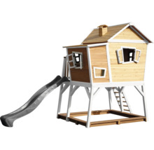 Spielhaus aus Holz mit Rutsche und Sandkasten
