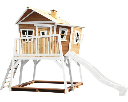 Holz-Spielhaus mit Rutsche und Sandkasten