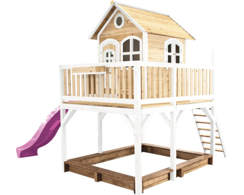 Spielhaus mit Stelzen axi Liam 377 x 255 cm Holz braun bestehend aus Rutsche rosa Spielhaus mit Rutsche, Sandkasten und Leiter