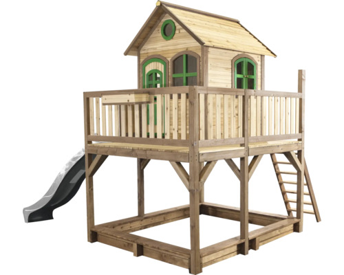 Spielhaus mit Stelzen axi Liam 377 x 255 cm Holz braun/grün inkl. Rutsche grau Spielhaus aus Holz mit Rutsche und Sandkasten