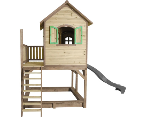 Holzspielhaus mit Rutsche, Leiter und Sandkasten