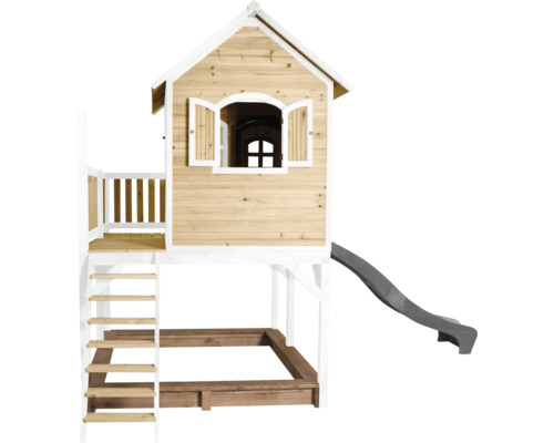 Spielhaus mit Stelzen axi Liam 377 x 255 cm Holz braun/weiß inkl. Rutsche grau Holzspielhaus mit Rutsche, Leiter, Sandkasten und Fenster
