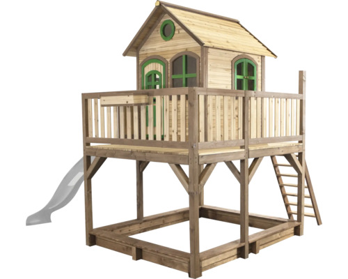 Spielhaus aus Holz mit Rutsche, Leiter und Sandkasten