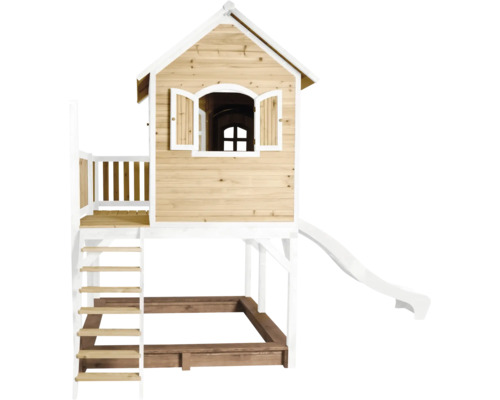 Spielhaus mit Rutsche, Sandkasten, Leiter und kleinem Balkon aus Holz
