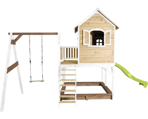 Spielhaus mit Schaukel, Rutsche und Sandkasten aus Holz