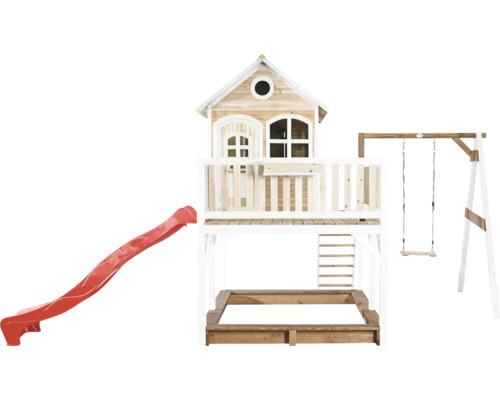 Spielhaus mit Rutsche, Schaukel und Sandkasten aus Holz