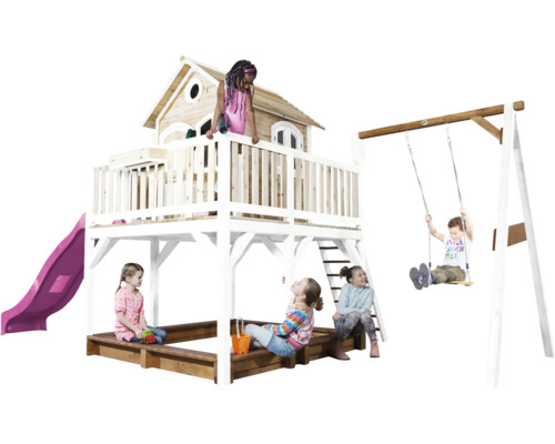 Kinderspielplatz mit Spielhaus, Rutsche, Sandkasten und Schaukel für Kinder