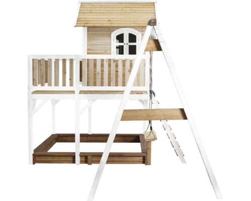 Holzspielhaus mit Schaukel und Sandkasten für den Garten