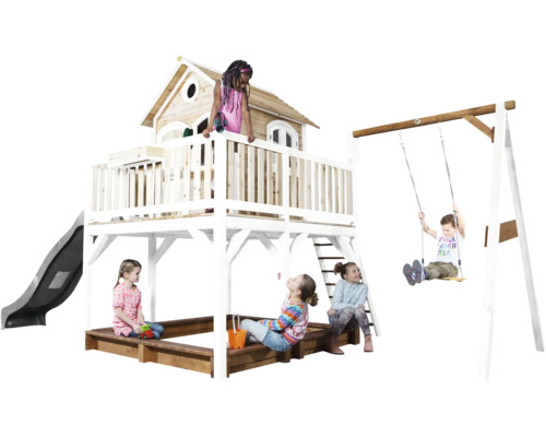 Spielplatz mit Spielhaus, Rutsche, Schaukel und Sandkasten mit spielenden Kindern