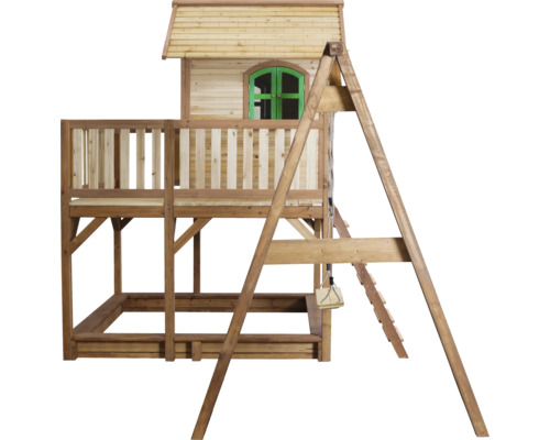 Spielturm mit Sandkasten, Rutsche und Schaukel aus Holz