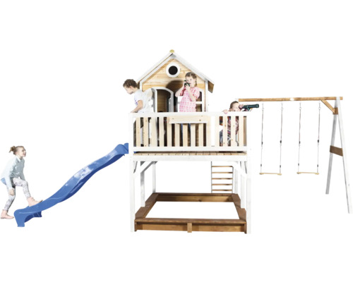 Spielhaus mit Rutsche, Schaukel und Sandkasten für Kinder