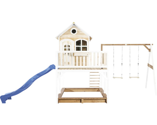 Spielhaus mit Rutsche, Sandkasten und Schaukel aus Holz