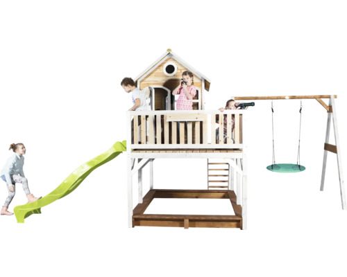 Kinderspielplatz mit Spielhaus, Rutsche, Sandkasten und Schaukel