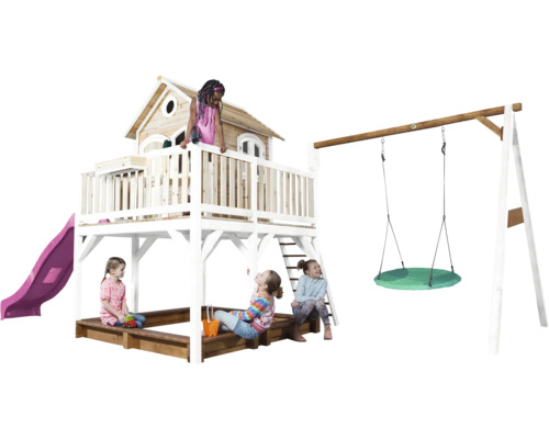 Spielplatz mit Spielhaus, Rutsche, Schaukel und Sandkasten für Kinder