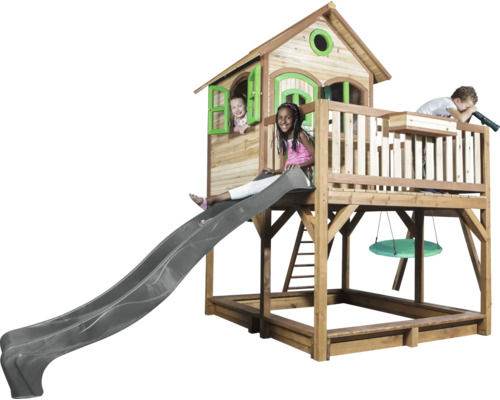 Kinderspielhaus mit Rutsche, Schaukel und Sandkasten