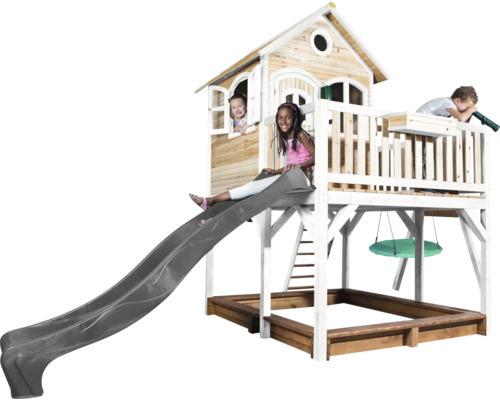 Holzspielhaus mit Rutsche, Schaukel und Sandkasten für Kinder