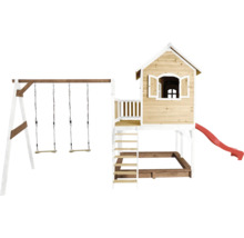 Holzspielhaus mit Schaukel, Rutsche und Sandkasten