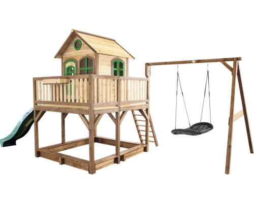 Spielhaus mit Stelzen axi Liam 613 x 277 cm Holz braun inkl. Schaukel grün Spielturm mit Schaukel, Rutsche und Sandkasten aus Holz
