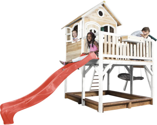 Holzspielhaus mit Rutsche, Sandkasten, Schaukel und Aussichtsplattform für Kinder