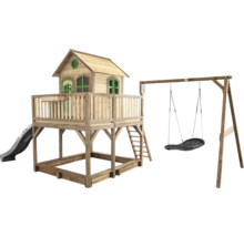 Holzspielhaus mit Rutsche, Sandkasten und Schaukel für den Garten