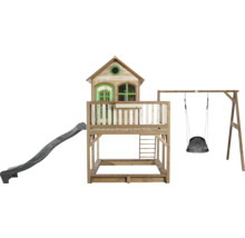 Spielturm aus Holz mit Rutsche und Schaukel