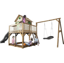 Spielplatz mit Baumhaus, Rutsche, Sandkasten und Schaukel aus Holz