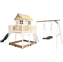 Spielturm mit Rutsche, Schaukel und Sandkasten