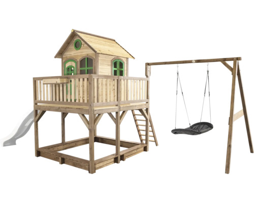 Spielhaus mit Stelzen axi Liam 613 x 277 cm Holz braun inkl. Schaukel weiß Spielhaus mit Schaukel und Rutsche für den Garten