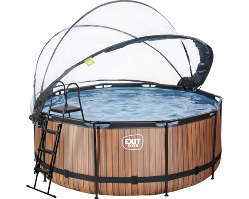 Rundes Aufstellpool mit Holzoptik und Überdachung sowie einer Leiter.
