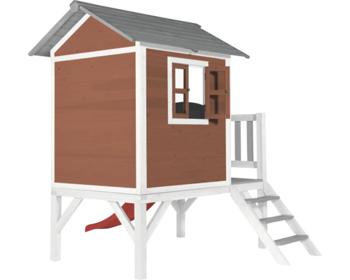 Spielhaus aus Holz mit Rutsche und Treppe