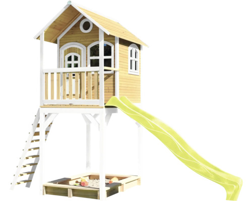 Spielhaus mit Stelzen axi 420 x 191 cm Holz braun inkl. Rutsche lindengrün Spielhaus mit Rutsche, Leiter und Sandkasten