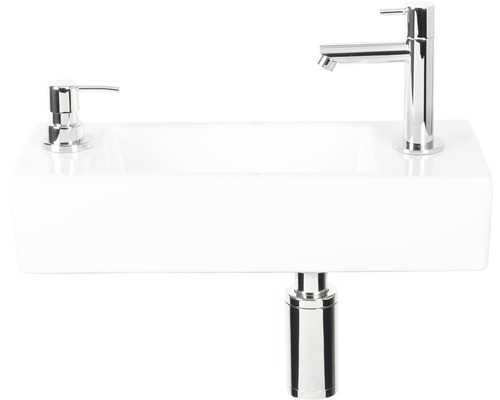 Handwaschbecken-Set Sapon rechteck inkl. Waschtischarmatur, Siphon und Seifenspender 40x18 cm weiß chrom