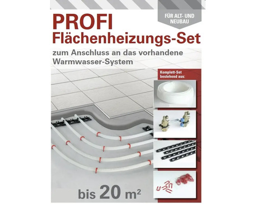 Profi Fußbodenheizungsset zum Anschluss an ein Warmwassersystem, geeignet für Alt- und Neubau bis 20 Quadratmeter