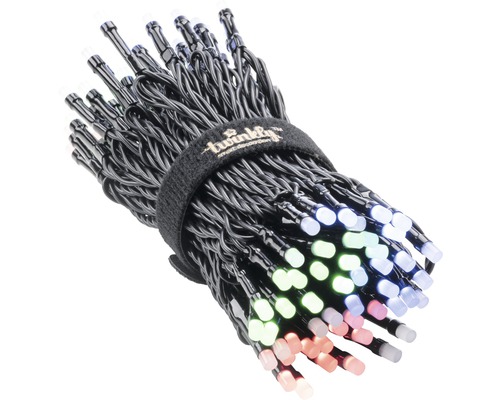 Gebündelte Lichterkette mit mehrfarbigen LEDs und Twinkly Logo auf dem Klettband