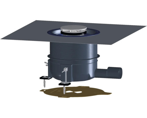 Installations-Set HL 570 FlexBox für flache Duschtassen mit Edelstahl-Abdeckung Aufsicht auf einen Bodenablauf mit Dichtmanschette